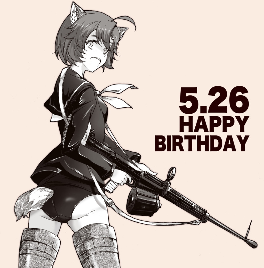 1girl :d ahoge animal_ears ass bangs beige_background blouse brave_witches commentary crotch_seam dated dog_ears dog_tail english_text from_behind greyscale gun happy_birthday holding holding_gun holding_weapon karibuchi_hikari long_sleeves looking_at_viewer looking_back machine_gun monochrome neckerchief open_mouth partially_colored sailor sailor_collar short_hair smile solo striker_unit swimsuit swimsuit_under_clothes tail type_99_light_machine_gun weapon world_witches_series yumemitsuki_(hagakure)