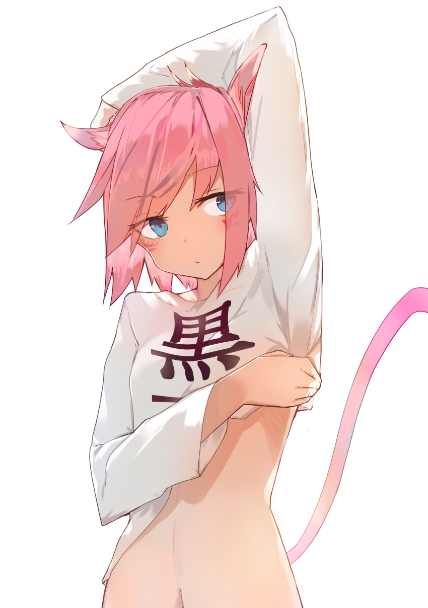 1girl absurdres animal_ear_fluff animal_ears arm_up bangs blue_eyes blush breasts cat_ears cat_girl cat_tail closed_mouth clothes_writing commentary_request eyebrows_visible_through_hair final_fantasy final_fantasy_xiv highres lifted_by_self long_sleeves miqo'te navel pink_hair shirt shirt_lift simple_background small_breasts solo tail tota_(sizukurubiks) translation_request upper_body whisker_markings white_background white_shirt