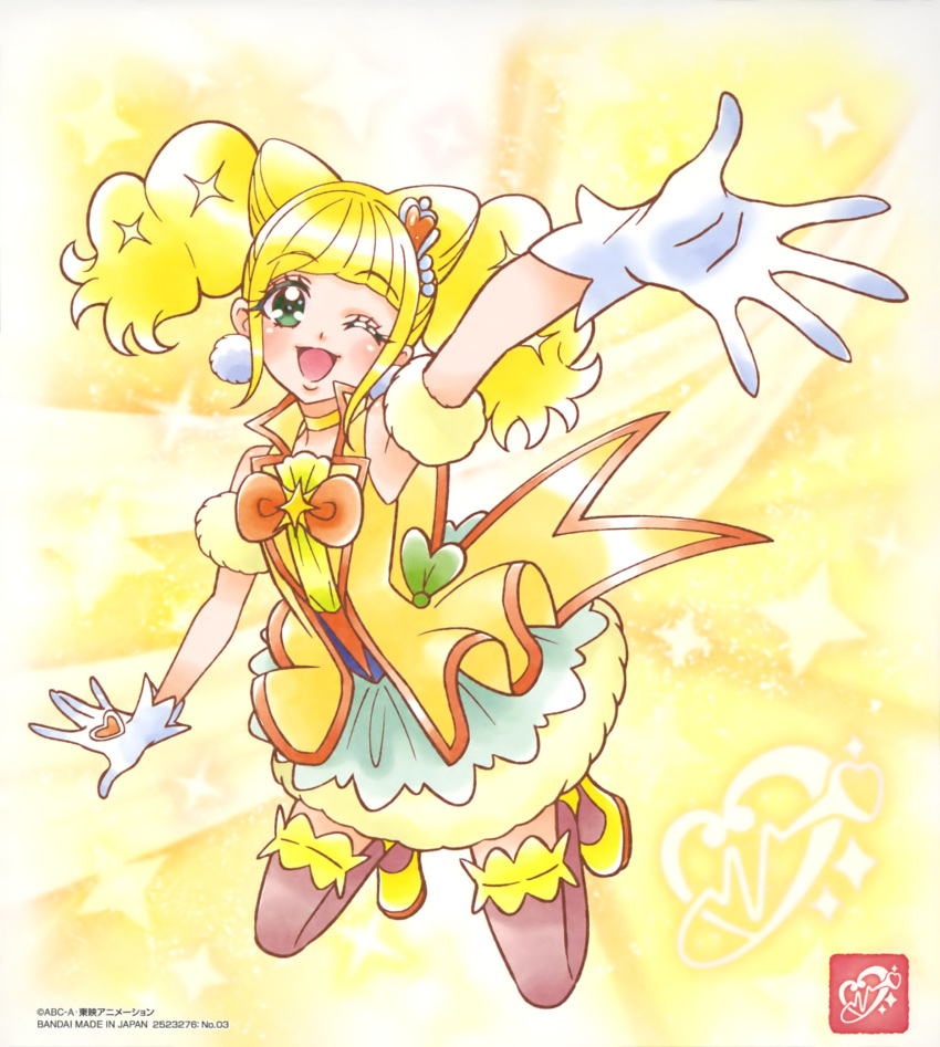 1girl ;d arm_strap bangs blonde_hair blunt_bangs brown_legwear cure_sparkle eyebrows_visible_through_hair full_body garters gloves green_eyes healin'_good_precure highres layered_skirt long_hair looking_at_viewer miniskirt official_art one_eye_closed open_mouth precure shiny shiny_hair skirt smile solo thigh-highs twintails white_gloves yellow_footwear zettai_ryouiki