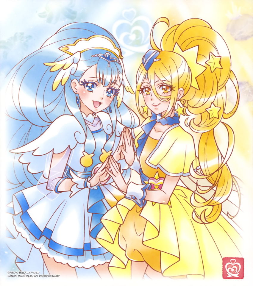 2girls :d ahoge bangs blonde_hair blue_eyes blue_hair blue_headwear blue_neckwear closed_mouth collarbone cowboy_shot cure_ange cure_etoile dress earrings floating_hair hair_between_eyes hair_ornament hat highres hugtto!_precure jewelry layered_dress long_hair looking_at_viewer makeup mascara mini_hat multiple_girls official_art open_mouth pleated_dress precure shiny shiny_hair short_dress smile standing star_(symbol) star_hair_ornament very_long_hair white_dress wrist_cuffs yellow_capelet yellow_dress yellow_eyes