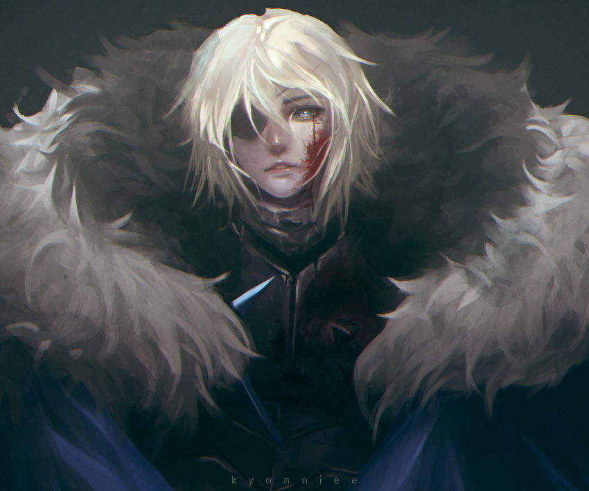 1boy armor artist_name black_armor black_background black_eyepatch blonde_hair blood blood_on_face blue_eyes breastplate crack dimitri_alexandre_blaiddyd eyepatch face facial_scar fire_emblem fire_emblem:_three_houses fur_trim highres kyonniee male_focus parted_lips scar solo timeskip upper_body