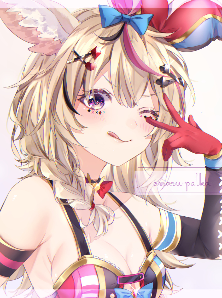 1girl absurdres animal_ears arm_strap bangs bare_shoulders blonde_hair blush bow braid breasts collarbone elbow_gloves fox_ears fox_girl gloves hair_between_eyes hair_ornament hand_up harui_(hr_x9_) hat heart highres hololive jester_cap long_hair multicolored_hair omaru_polka one_eye_closed pink_hair playing_card_theme single_elbow_glove small_breasts smile solo tongue tongue_out violet_eyes virtual_youtuber