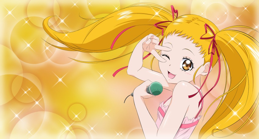1girl bare_shoulders blonde_hair fuchi_(nightmare) hair_ribbon highres holding holding_microphone kasugano_urara_(yes!_precure_5) long_hair looking_at_viewer microphone one_eye_closed open_mouth precure red_ribbon ribbon smile solo twintails upper_body v_over_eye yellow_eyes yes!_precure_5