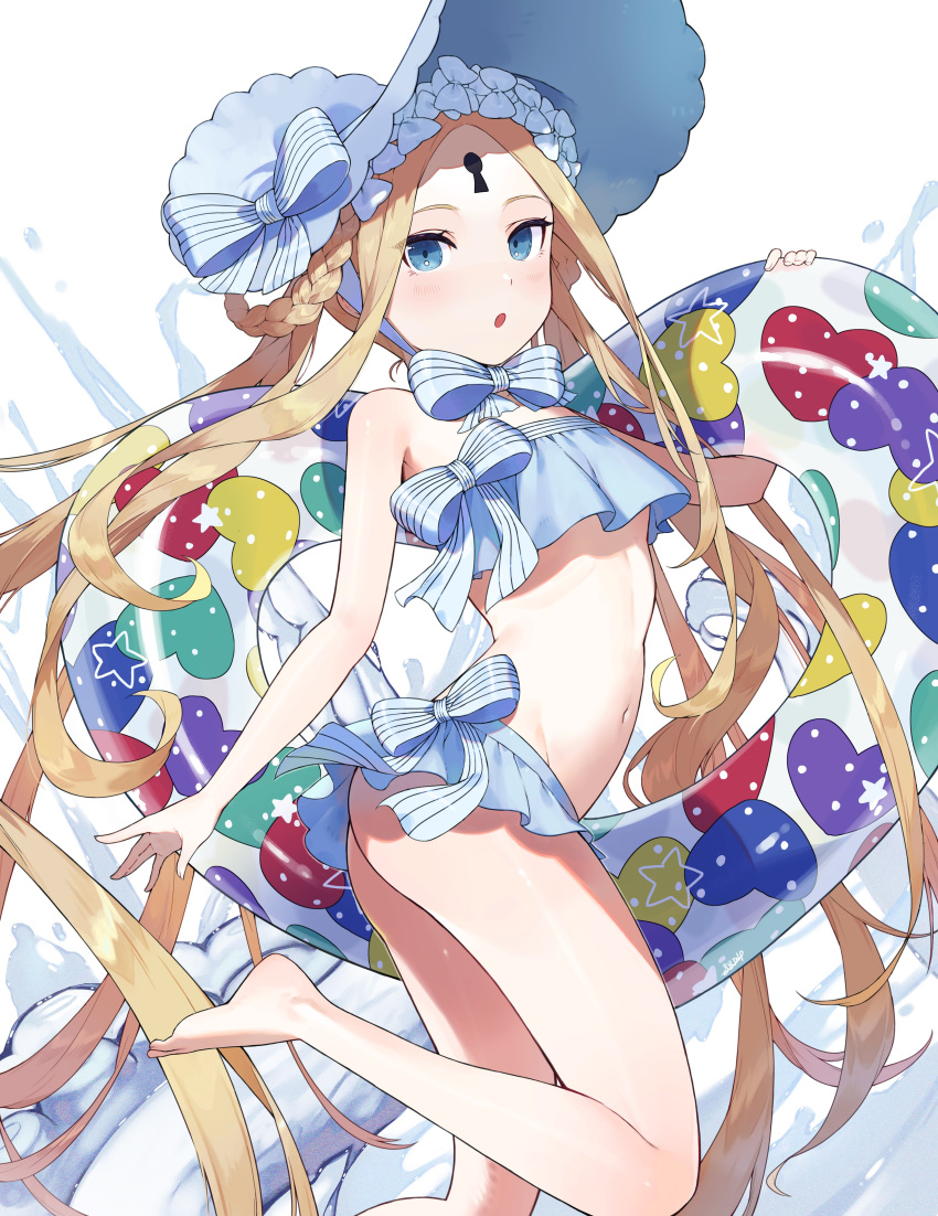 1girl abigail_williams_(fate/grand_order) abigail_williams_(swimsuit) absurdres bangs bare_shoulders bikini blonde_hair blue_eyes blush bonnet bow braid breasts fate/grand_order fate_(series) forehead hair_bow hair_rings highres innertube keyhole long_hair looking_at_viewer miniskirt navel open_mouth parted_bangs shibainu sidelocks simple_background skirt small_breasts swimsuit tentacles thighs twin_braids twintails water white_background white_bikini white_bow white_headwear