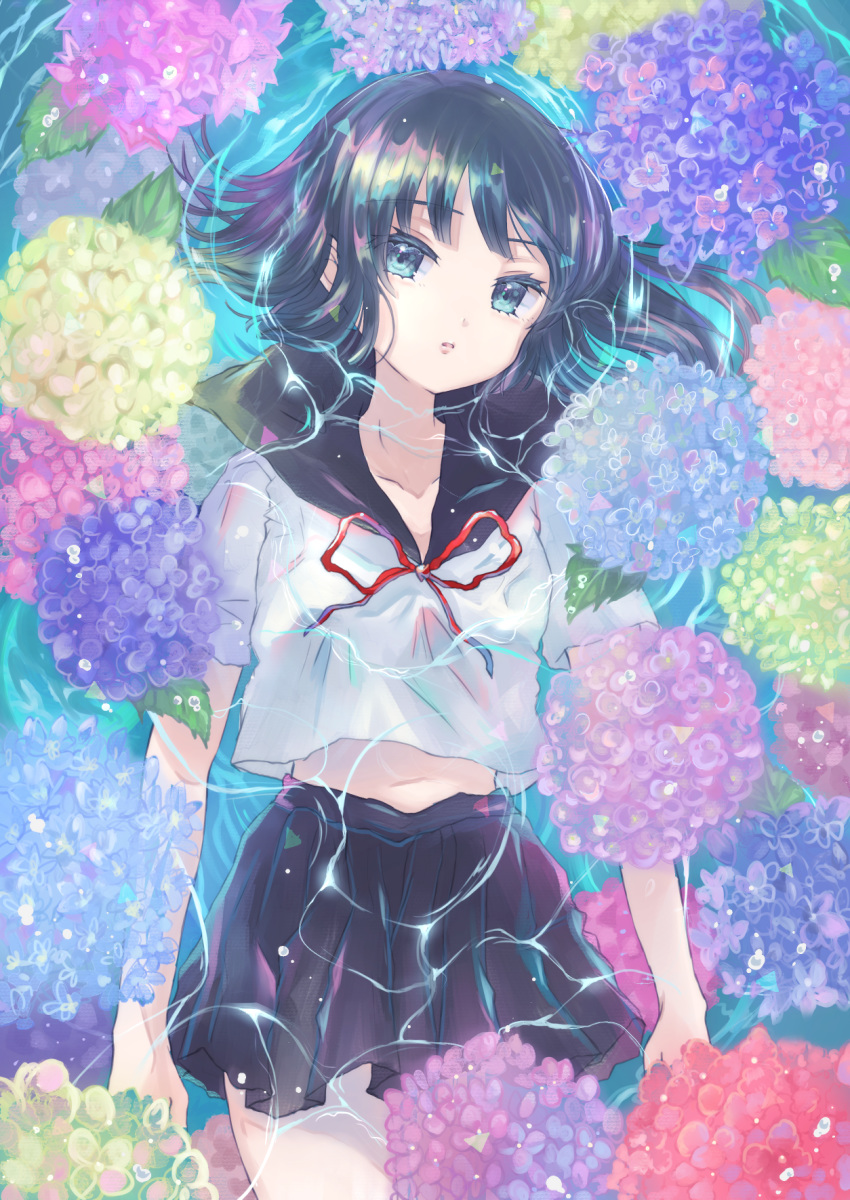 1girl bangs black_hair black_sailor_collar black_skirt blue_eyes blue_flower bunapi_(bunapii) collarbone collared_shirt cowboy_shot flower from_above highres hydrangea long_hair looking_at_viewer lying midriff miniskirt neck_ribbon on_back original parted_lips pink_flower pleated_skirt purple_flower red_ribbon ribbon sailor_collar sailor_shirt shiny shiny_hair shirt short_sleeves skirt solo stomach water_surface wet wet_clothes wet_shirt white_shirt
