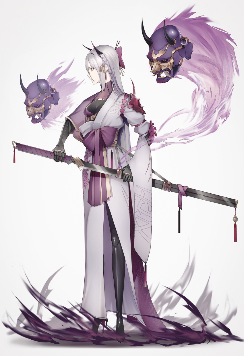 1girl android bangs boots bow braid brown_eyes commentary_request earrings floating_head full_body grey_background grey_hair hair_between_eyes hair_bow high_heel_boots high_heels highres holding holding_sword holding_weapon horns japanese_clothes jewelry joints kimono long_hair long_sleeves marumoru oni_mask original purple_bow robot_joints sheath sidelocks sleeves_past_wrists solo standing sword unsheathing very_long_hair weapon white_kimono wide_sleeves