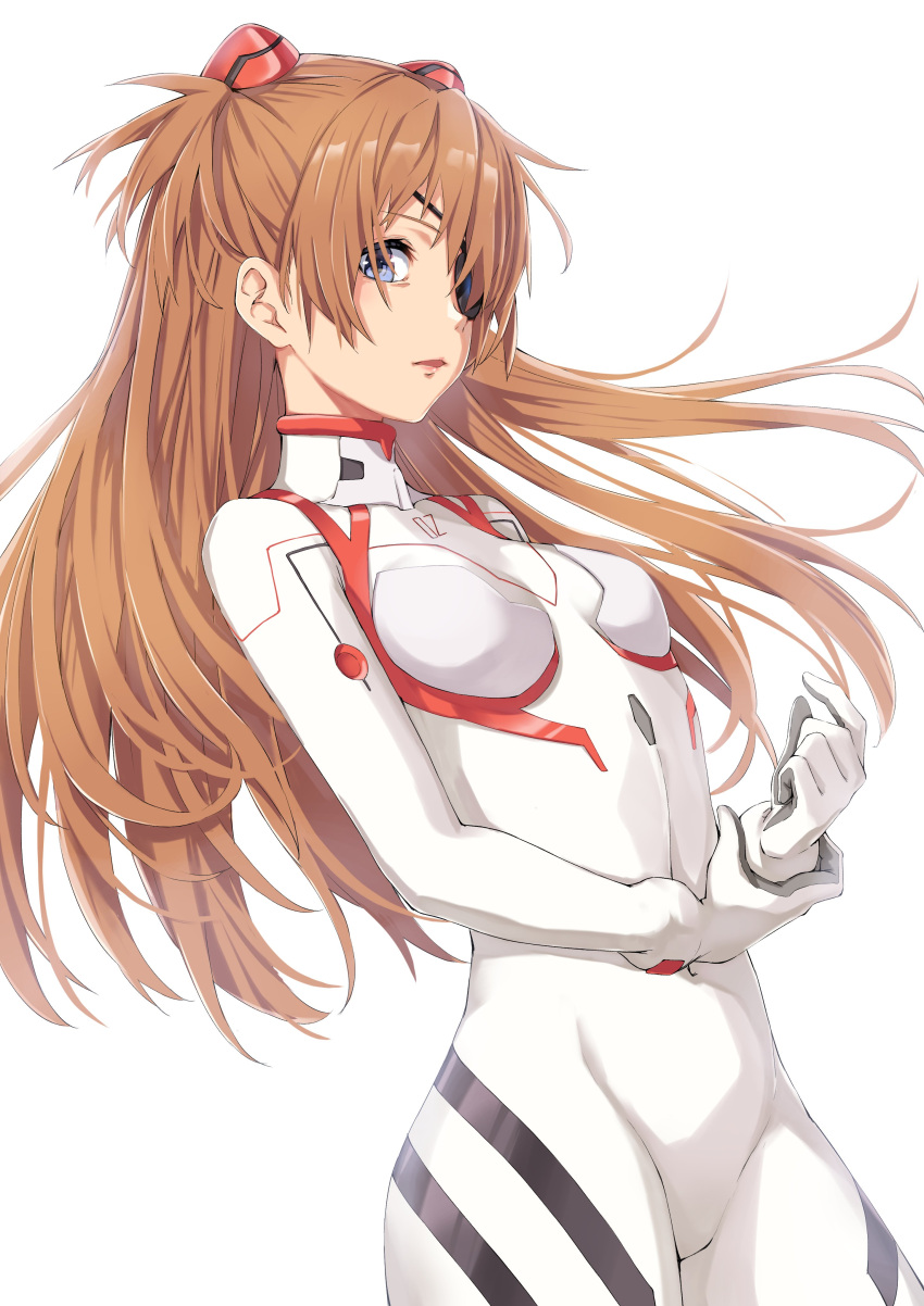 1girl absurdres blue_eyes breasts brown_hair covered_navel cowboy_shot eyepatch funyariko groin hair_over_one_eye highres interface_headset long_hair looking_at_viewer neon_genesis_evangelion open_mouth plugsuit rebuild_of_evangelion small_breasts solo souryuu_asuka_langley thigh-highs white_background wrist_grab