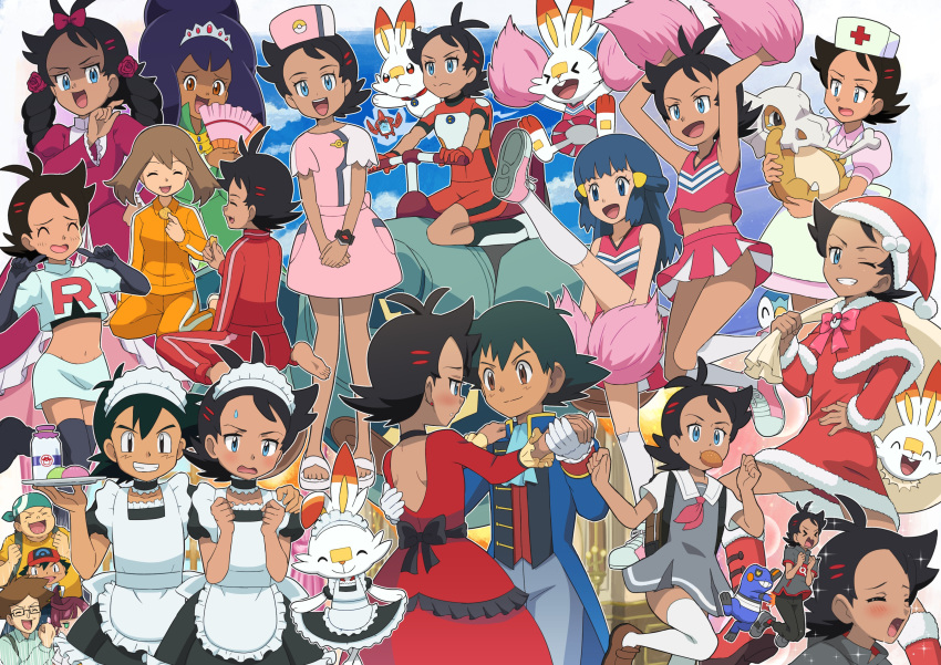 4boys 4girls absurdres apron barefoot big_hair black_bow black_hair blue_eyes blush bottle bow bowtie brown_eyes brown_footwear brown_hair character_print character_request cheerleader commentary_request cosplay croagunk crossdressinging cubone dress earrings embarrassed eyelashes gen_1_pokemon gen_4_pokemon gen_8_pokemon glasses gou_(pokemon) green_bandana green_hair grey_dress hair_ornament hands_together haruka_(pokemon) hat highres hikari_(pokemon) hikari_(pokemon)_(cosplay) holding holding_hands holding_plate holding_sack iris_(pokemon) jewelry joy_(pokemon) joy_(pokemon)_(cosplay) maid_dress maid_headdress milk_bottle moomoo_milk motion_lines mouth_hold multiple_boys multiple_girls musashi_(pokemon) musashi_(pokemon)_(cosplay) nurse_cap one_eye_closed open_mouth pink_neckwear piplup plate pokemoa pokemon pokemon_(anime) pokemon_(creature) pokemon_dppt_(anime) pokemon_swsh_(anime) pom_poms red_dress rotom rotom_dex sack sakuragi_koharu sandals santa_costume satoshi_(pokemon) scorbunny shoes short_sleeves shoulder_blades sitting skirt soles sparkle sweatdrop teeth thigh-highs tiara toes tongue wariza white_apron white_footwear white_legwear yokozuwari