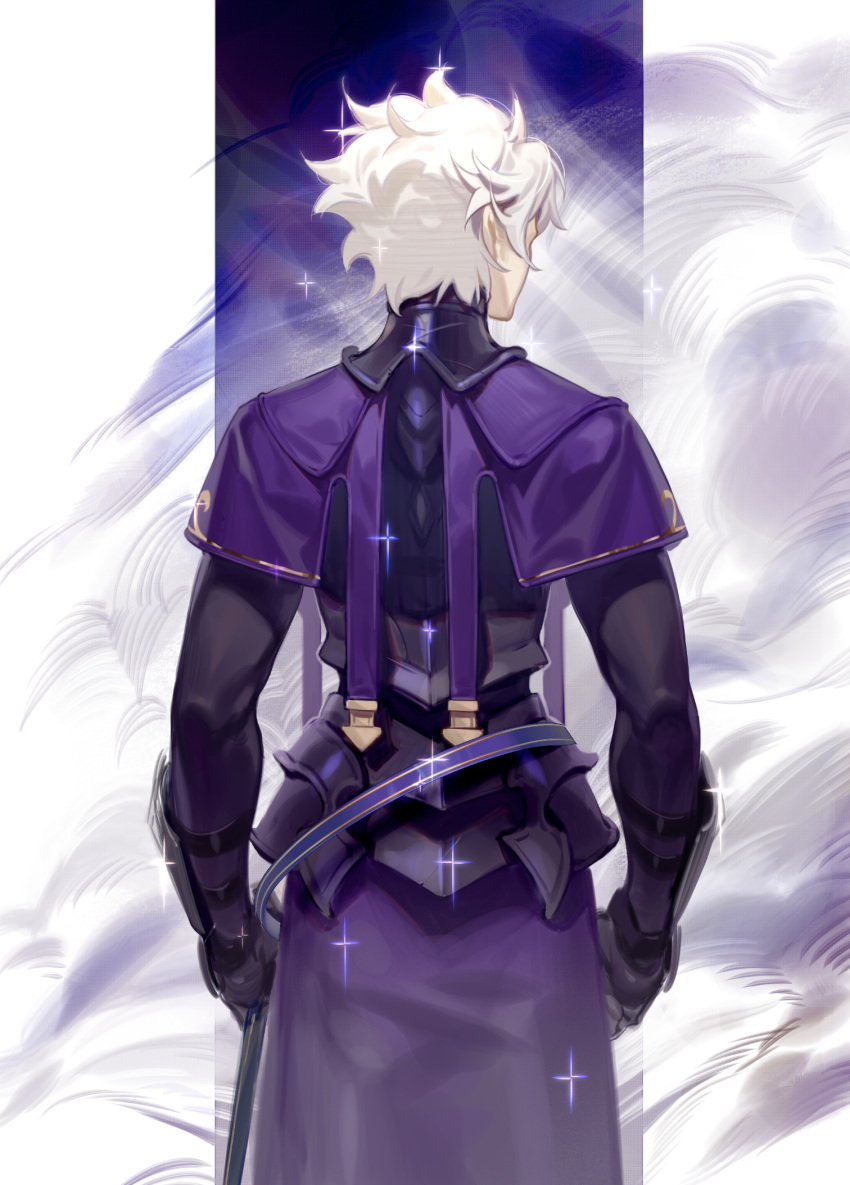 1boy armor capelet chiizu_namasu cowboy_shot fate/grand_order fate_(series) from_behind galahad_(fate) highres long_sleeves male_focus short_hair simple_background solo sparkle standing upper_body white_hair