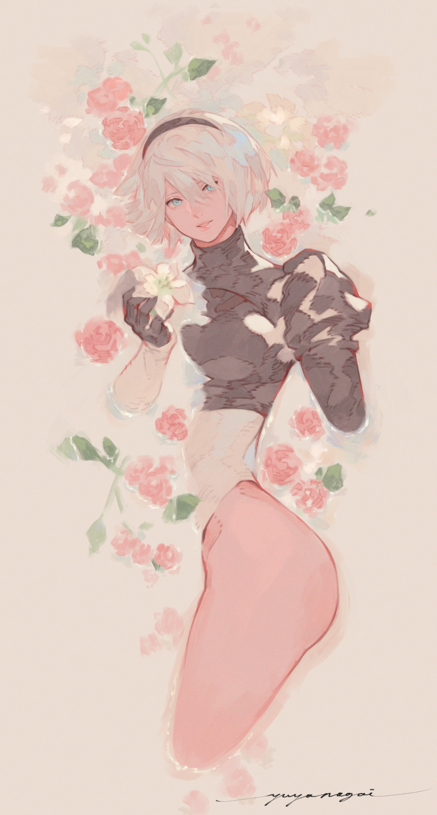 1girl absurdres afloat black_gloves black_hairband blue_eyes flower gloves grey_hair hair_between_eyes hairband highres holding holding_flower lunar_tear nier_(series) nier_automata parted_lips partially_submerged pink_flower pink_rose puffy_sleeves rose short_hair signature smile solo turtleneck v8 white_flower yorha_no._2_type_b