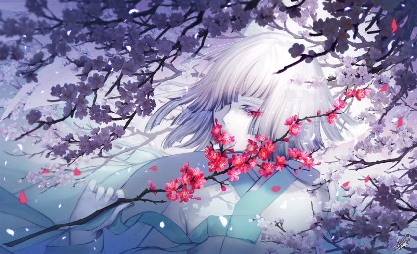 ambiguous_gender bob_cut branch cherry_blossoms danhu eyes_visible_through_hair fingernails flower hair_over_one_eye highres holding holding_branch japanese_clothes original outdoors petals pink_flower plum plum_blossoms red_eyes red_flower short_hair signature solo tree upper_body white_hair white_skin white_theme
