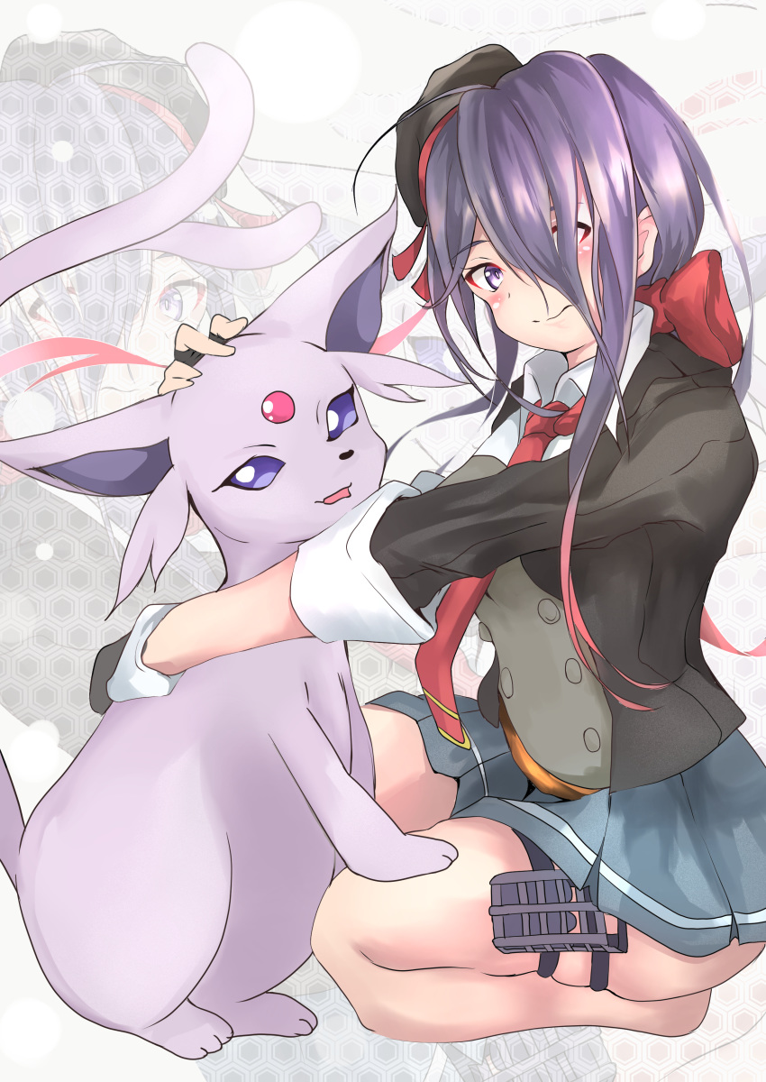 1girl absurdres ariake_(kantai_collection) beret black_gloves black_headwear brown_shorts collared_shirt commentary_request crossover espeon fingerless_gloves gen_2_pokemon gloves grey_skirt hair_over_one_eye hat highres hug kantai_collection long_hair long_sleeves looking_at_viewer necktie pleated_skirt pokemon pokemon_(creature) purple_hair red_neckwear shirt shorts skirt violet_eyes yukinko_pastel zoom_layer