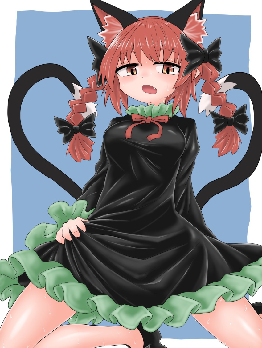 1girl animal_ears bangs black_bow black_dress black_footwear black_tail blue_background bow braid breasts cat_ears cat_tail chups dress extra_ears eyebrows_visible_through_hair fang frilled_dress frilled_sleeves frills green_frills hair_bow highres holding holding_clothes holding_dress kaenbyou_rin long_sleeves looking_at_viewer multiple_tails nekomata open_mouth red_eyes red_neckwear redhead seiza shoe_bow shoes short_hair simple_background sitting solo sweat tail touhou twin_braids two_tails
