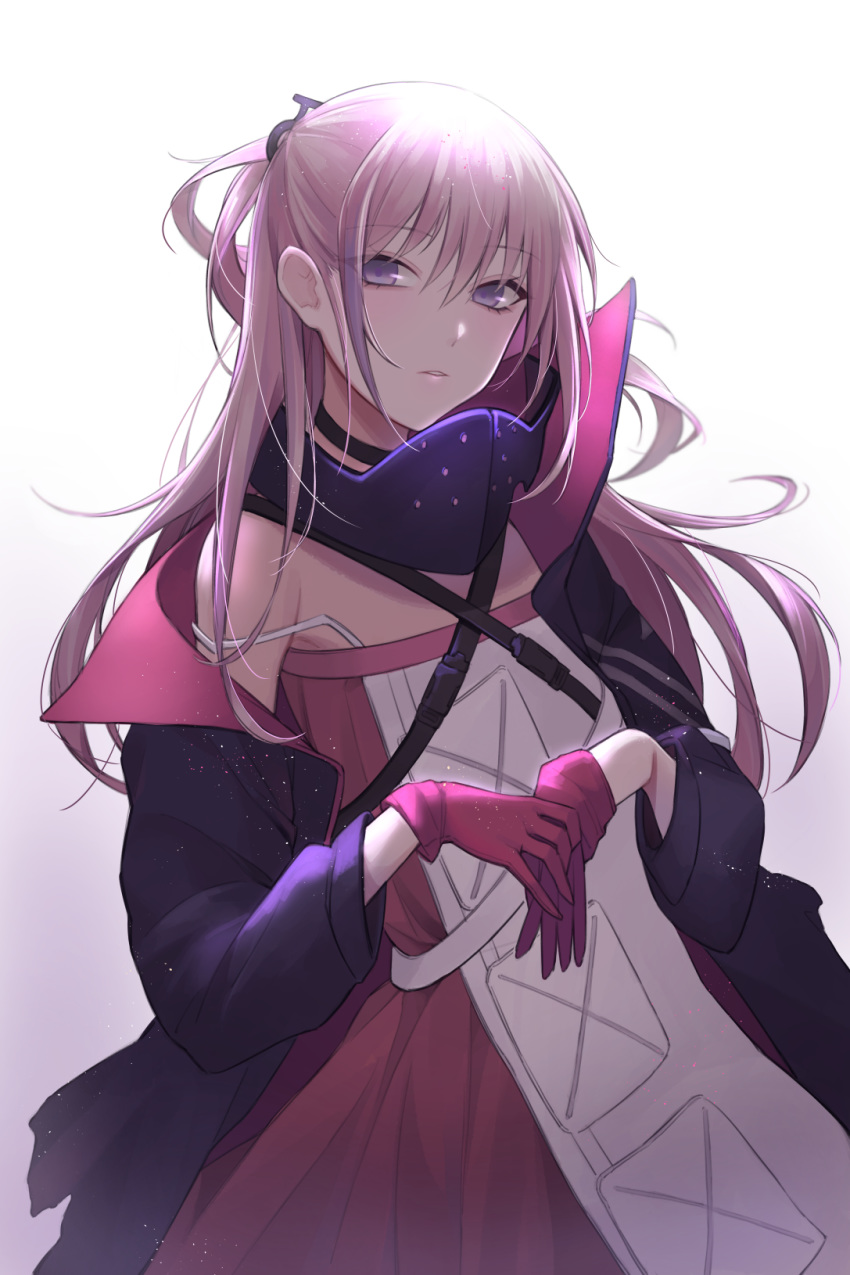 1girl barrette blush dress eyebrows_visible_through_hair girls_frontline gloves hair_between_eyes highres jacket long_hair looking_at_viewer mod3_(girls_frontline) pink_gloves pink_hair purple_jacket qb_516 simple_background solo st_ar-15_(girls_frontline) violet_eyes