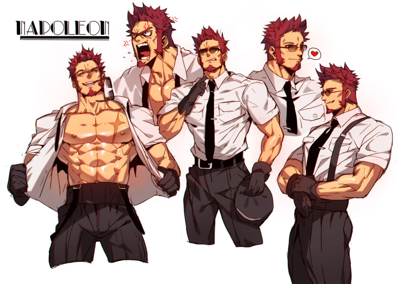 1boy abs bara beard blue_eyes blush brown_hair chest collage facial_hair fate/grand_order fate_(series) goatee looking_at_viewer male_focus multiple_views muscle na_insoo napoleon_bonaparte_(fate/grand_order) open_clothes open_shirt pectorals scar sideburns smile sunglasses suspenders undressing