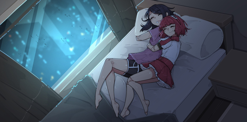 2girls barefoot bed black_hair black_shorts blanket city_lights commission curtains dorothy_haze english_commentary eyebrows_visible_through_hair frilled_skirt frills from_above highres hug hug_from_behind indoors jill_stingray long_hair lying multiple_girls night on_side pillow pink_shirt red_shirt red_skirt redhead shirt short_hair shorts shuuko_(s_h_uuko) skirt sleeping smile va-11_hall-a white_shirt window yuri