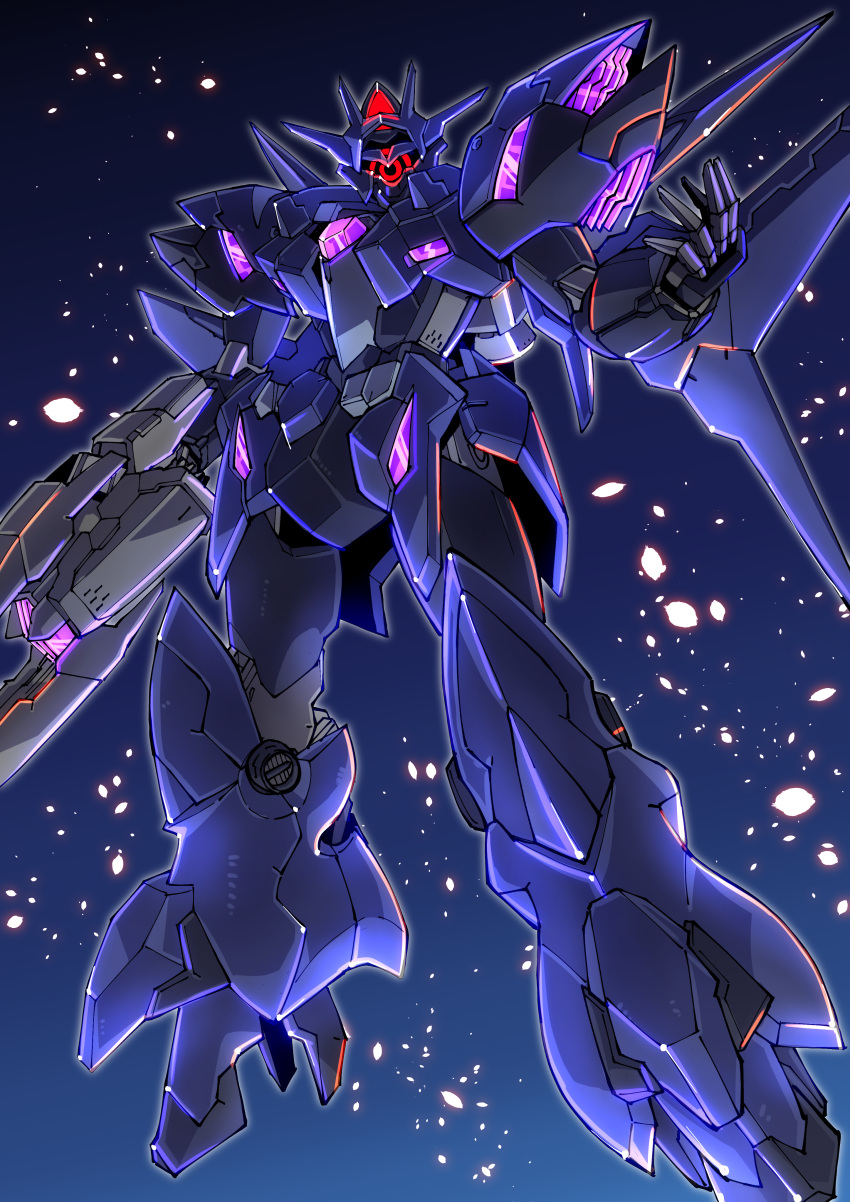 absurdres alus_earthree_gundam amakawa_mayu floating glowing glowing_eye gun gundam gundam_build_divers gundam_build_divers_re:rise highres holding holding_gun holding_weapon looking_down mecha mobile_suit one-eyed open_hand red_eyes science_fiction solo v-fin weapon
