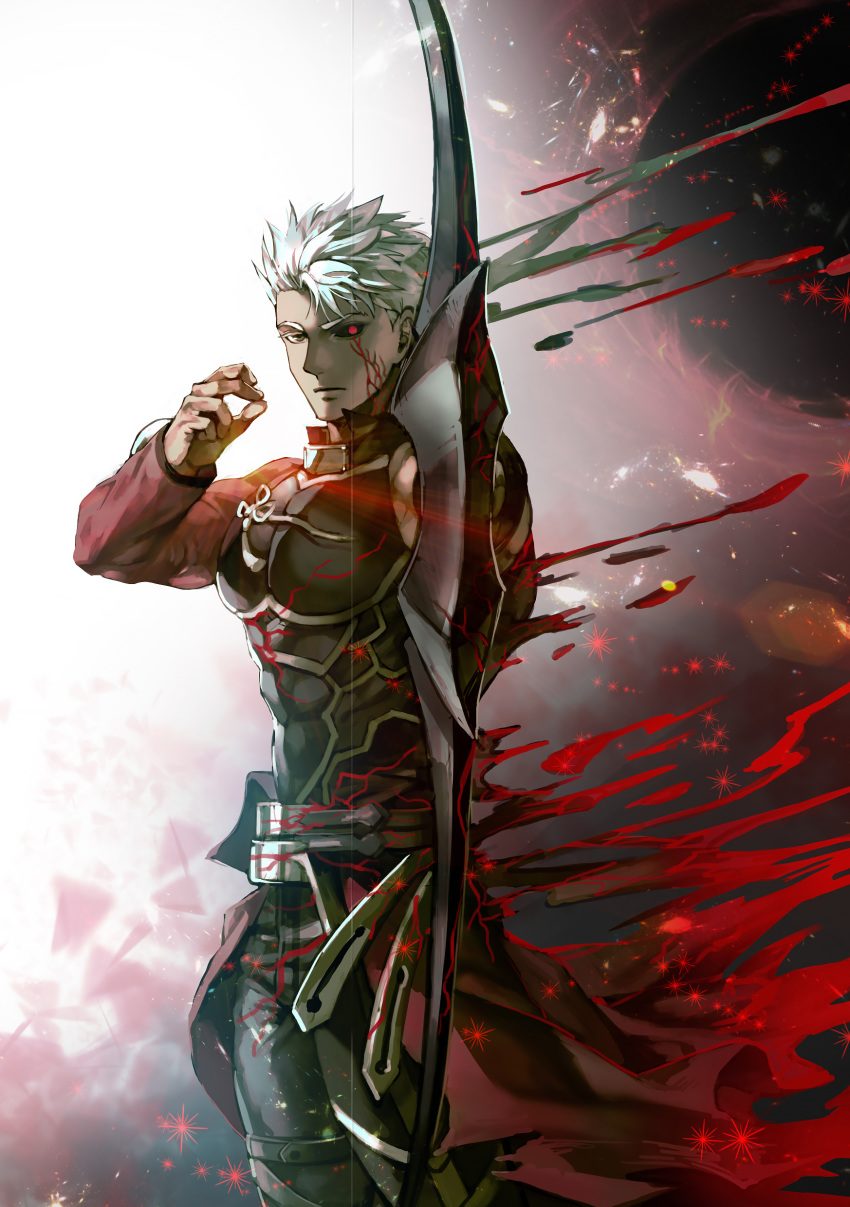 1boy absurdres archer archer_alter armor black_sclera bow_(weapon) brown_eyes chest cloak dark_skin dark_skinned_male fate/grand_order fate/stay_night fate_(series) fighting_stance highres kim_yura_(goddess_mechanic) male_focus muscle red_eyes serious solo weapon white_hair