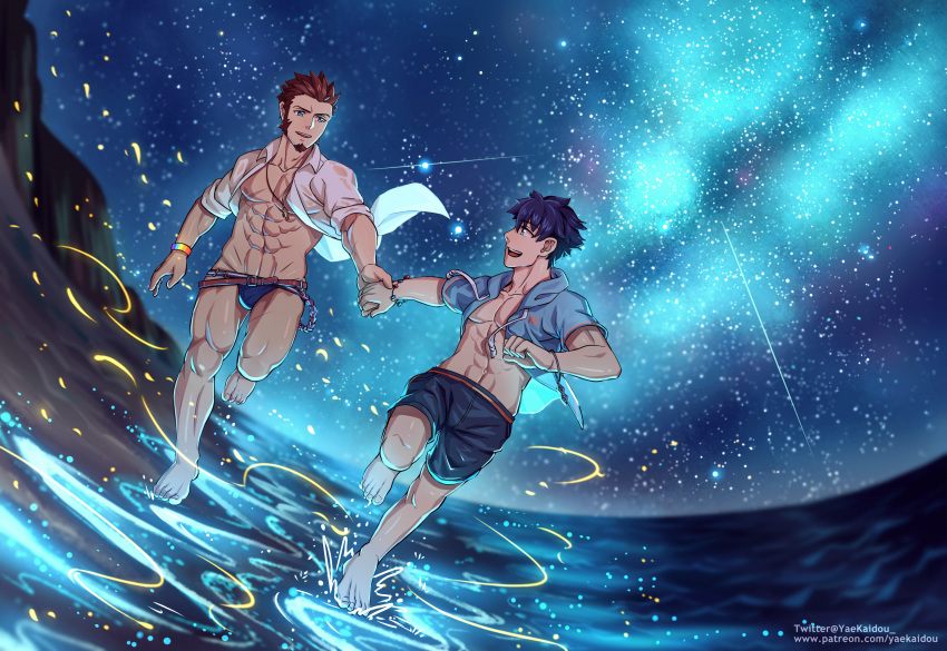 2boys abs absurdres beard black_hair blue_eyes brown_hair bulge chest facial_hair fate/grand_order fate_(series) fujimaru_ritsuka_(male) full_body gay goatee happy_birthday highres holding_hands huge_filesize lgbt_pride male_focus male_swimwear multiple_boys muscle napoleon_bonaparte_(fate/grand_order) night nipples pectorals pride_flag queer rainbow_flag scar short_hair sideburns sky sparkle star_(sky) starry_sky swim_briefs swimwear thick_thighs thighs yaoi yaosan233