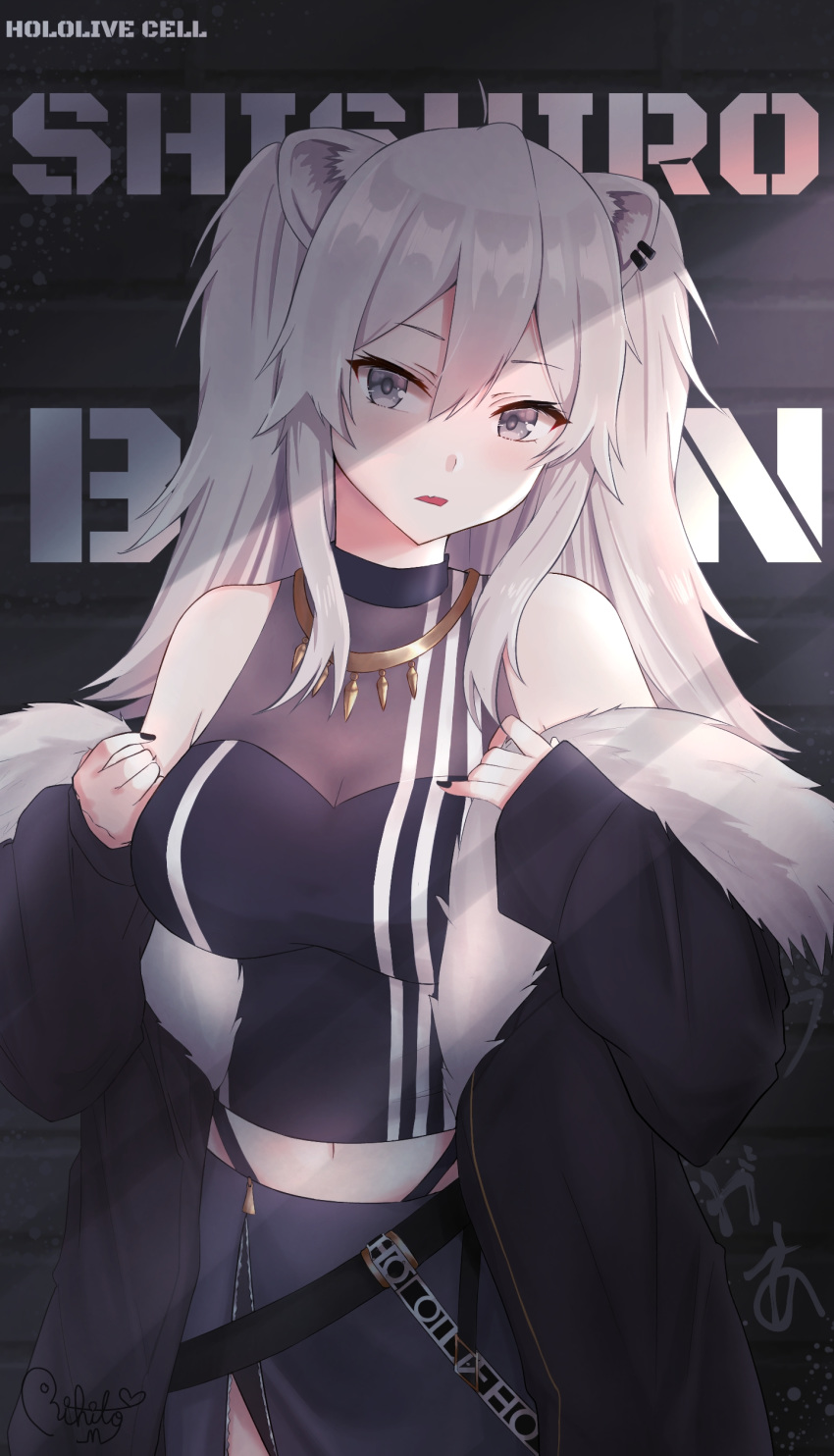 1girl absurdres ahoge animal_ears bare_shoulders blush breasts character_request earrings eyebrows_visible_through_hair fur-trimmed_jacket fur_trim grey_eyes grey_hair hair_between_eyes hands_up highres hololive jacket jewelry large_breasts lion_ears lion_girl long_hair looking_at_viewer necklace open_mouth rihitoo0 shirt shishiro_botan sleeves_past_wrists solo virtual_youtuber