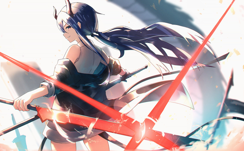 1girl arknights bare_shoulders blue_hair blue_jacket ch'en_(arknights) chi_xiao_(arknights) commentary cowboy_shot dragon_horns dual_wielding floating_hair from_behind grin highres holding holding_sword holding_weapon horns jacket long_hair long_sleeves looking_at_viewer looking_back off_shoulder parted_lips profile red_eyes shirt sidelocks sleeveless sleeveless_shirt smile solo ssautwoarkio standing sword weapon white_shirt