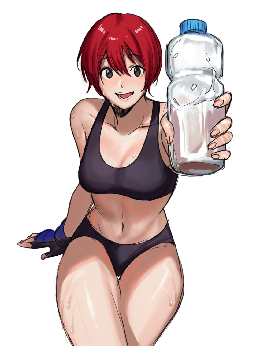 1girl :d blush bottle breasts brown_eyes character_request copyright_request gloves hanny_(nhim) highres holding holding_bottle looking_at_viewer medium_breasts midriff navel open_mouth redhead short_hair short_shorts shorts single_glove smile solo sports_bra sweat tomboy water