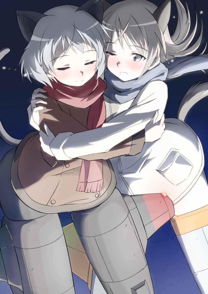 2girls absurdres animal_ears blue_eyes blush cat_ears cat_tail closed_eyes closed_mouth coat eila_ilmatar_juutilainen eyebrows_visible_through_hair flying fox_ears fox_tail happy highres hug jacket multiple_girls one_eye_closed open_mouth outdoors sanya_v_litvyak scarf shiny shiny_skin short_hair sky smile strike_witches striker_unit tail tears tricky_46 white_hair winter_clothes winter_coat world_witches_series yuri