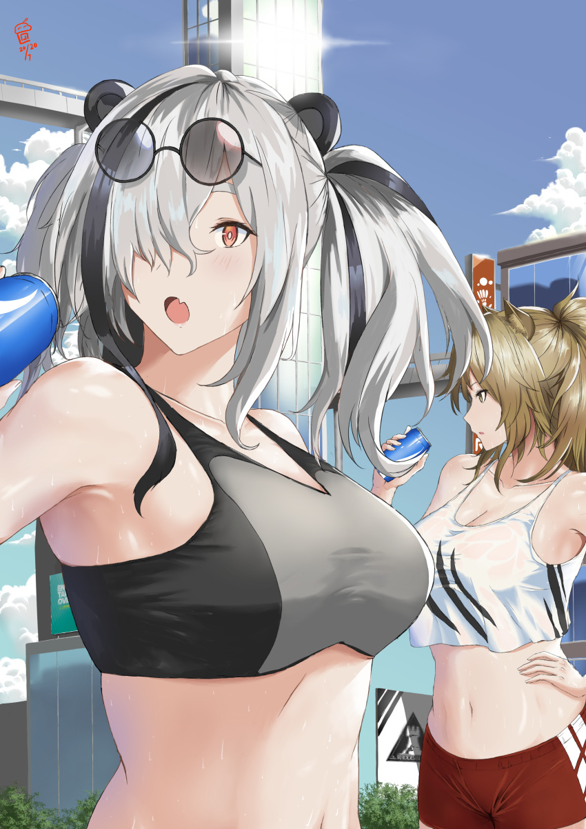 2girls :o absurdres animal_ears arknights bangs bare_shoulders black_hair blue_sky breasts brown_eyes brown_hair can clouds commentary crop_top day english_commentary eyewear_on_head fang feater_(arknights) hair_over_one_eye hand_on_hip highres holding holding_can large_breasts lion_ears long_hair looking_at_viewer midriff multiple_girls navel open_mouth outdoors panda_ears profile red_shorts shorts siege_(arknights) silver_hair skin_fang sky sports_bra stomach sunglasses tank_top twintails upper_body white_tank_top yudhacakranidji