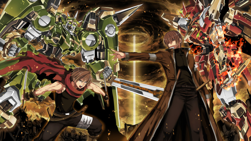 2boys brown_eyes brown_hair brown_jacket clenched_hands dagger dual_wielding expressionless eyebrows_visible_through_hair fighting garimpeiro glowing glowing_eyes green_eyes highres holding holding_dagger holding_knife holding_weapon jacket knife looking_down looking_up mecha multiple_boys open_mouth orange_eyes original scarf shirt sleeveless sleeveless_shirt weapon wrist_blades