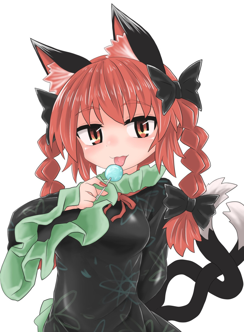 1girl animal_ears arms_behind_back bangs black_bow black_dress black_tail bow braid breasts candy cat_ears cat_tail chups dress extra_ears eyebrows_visible_through_hair food frilled_dress frilled_sleeves frills green_frills hair_bow highres holding holding_candy holding_food holding_lollipop kaenbyou_rin lollipop long_sleeves looking_at_viewer multiple_tails nekomata red_eyes red_nails red_neckwear redhead short_hair simple_background solo tail tongue tongue_out touhou twin_braids two_tails upper_body white_background