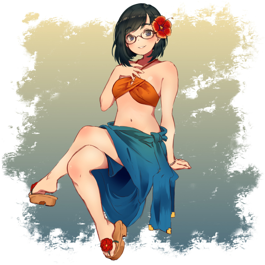 1girl absurdres bare_shoulders bead_bracelet beads black_hair blush borrowed_character bracelet commission flower glasses hair_flower hair_ornament hand_up highres invisible_chair jewelry looking_at_viewer navel saionji_kureha sandals short_hair simple_background sitting waifubot