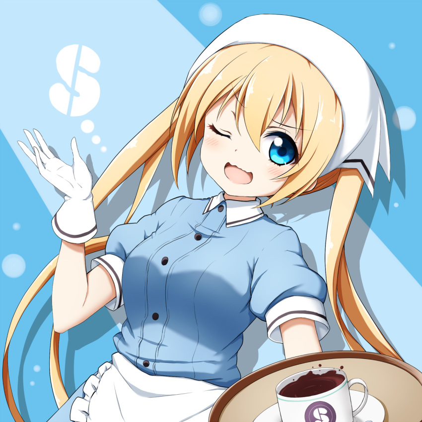1girl ;d apron bangs blend_s blonde_hair blue_background blue_eyes blue_shirt blue_sky blush breasts coffee collared_shirt cup eyebrows_visible_through_hair frilled_apron frills gloves hair_between_eyes head_scarf highres hinata_kaho holding holding_tray kuena long_hair looking_at_viewer medium_breasts one_eye_closed open_mouth puffy_short_sleeves puffy_sleeves saucer shirt short_sleeves sky smile solo stile_uniform tray twintails uniform very_long_hair waist_apron wavy_mouth white_apron white_gloves