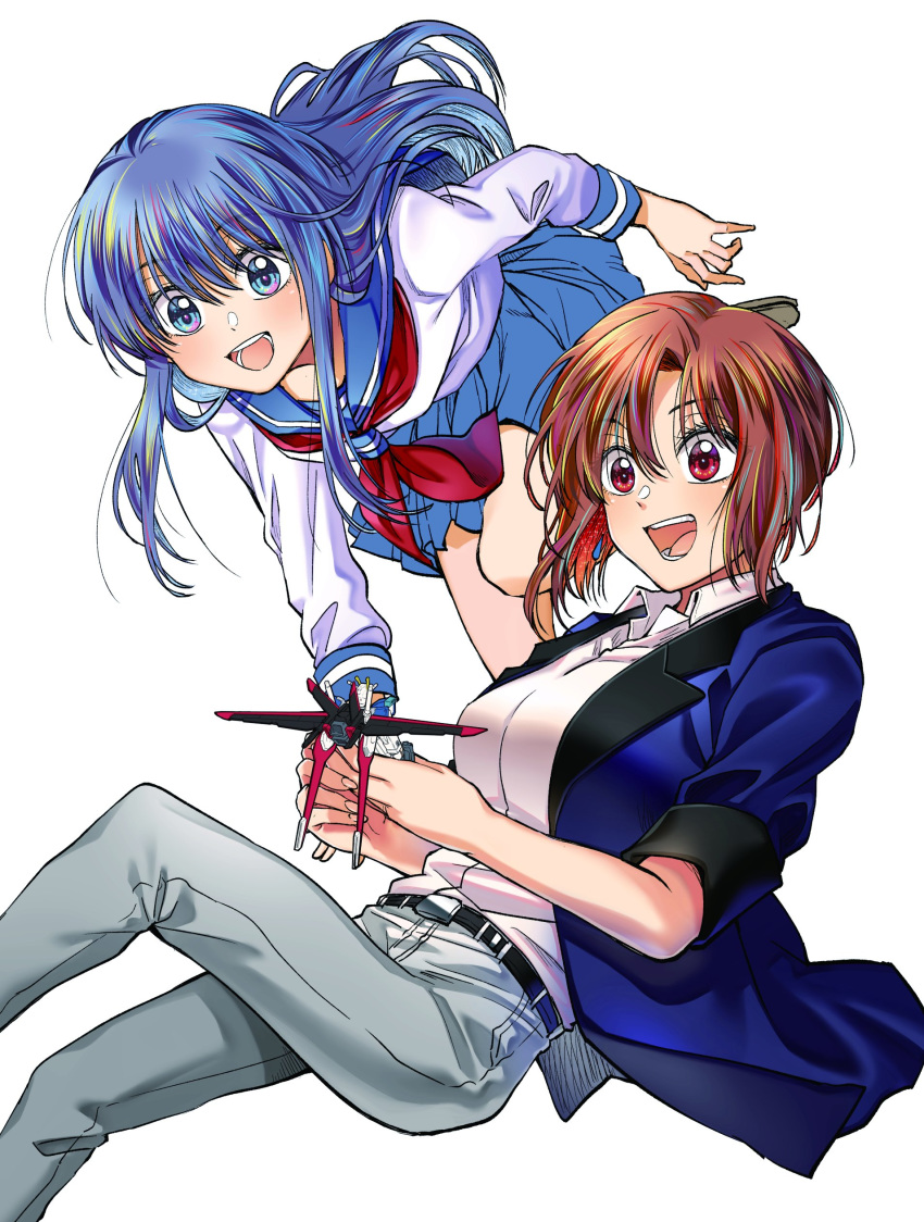 2girls absurdres aile_strike_gundam blue_eyes blue_hair blue_jacket blue_skirt breasts brown_hair denim floating gundam gundam_seed gunpla hg_ni_koisuru_futari highres holding holding_toy jacket jeans kanzaki_sayaka_(hg_ni_koisuru_futari) kudou_makoto long_hair mechanical_wings medium_breasts multiple_girls official_art open_mouth pants red_eyes school_uniform serafuku short_hair skirt smile strike_gundam takamiya_sora toy white_background wings