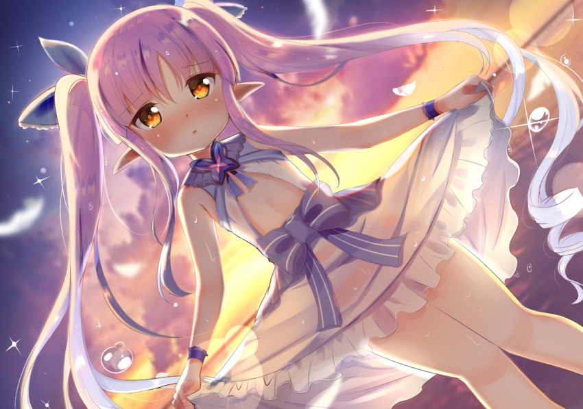 1girl bangs bare_arms bare_shoulders blue_bow blue_ribbon blurry blurry_background blush bow brown_eyes commentary_request depth_of_field dress dutch_angle eyebrows_visible_through_hair frilled_dress frills hair_between_eyes hair_ribbon horizon kyouka_(princess_connect!) long_hair lydia601304 nose_blush ocean parted_bangs parted_lips pink_hair pointy_ears princess_connect! princess_connect!_re:dive ribbon see-through sidelocks skirt_hold sleeveless sleeveless_dress solo striped striped_bow twilight twintails very_long_hair water water_drop white_dress wrist_cuffs yuuyake_koyake