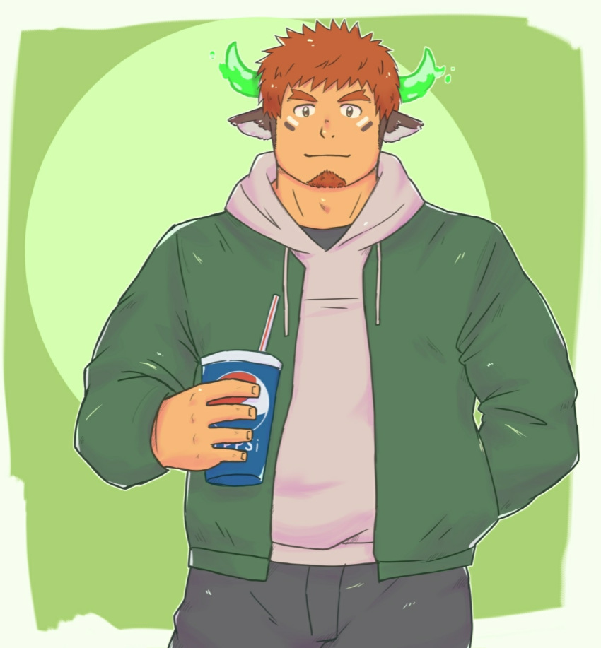 1boy animal_ears bangs brown_hair chest facial_hair forked_eyebrows glowing_horns highres hood hoodie horns male_focus manly muscle pectorals pepsi simple_background solo thick_eyebrows tokyo_houkago_summoners upper_body wakan_tanka yanutorie