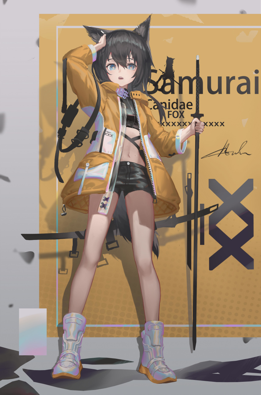 1girl absurdres anhao1224 animal_ear_fluff animal_ears arm_up background_text bangs black_hair black_shirt black_shorts blue_eyes boots brown_jacket commentary crop_top english_text fox_ears fox_girl fox_tail full_body hair_between_eyes highres holding jacket long_hair long_sleeves looking_at_viewer midriff navel open_clothes open_jacket open_mouth original sharp_teeth shirt short_shorts shorts solo tail teeth white_footwear