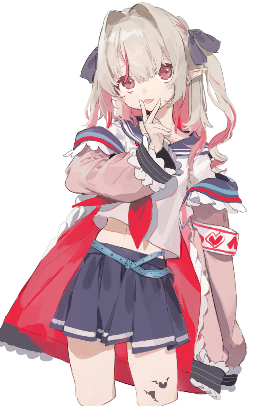 1girl absurdres armband bangs belt blue_belt blue_skirt blush closed_mouth cropped_legs grey_background grey_hair highres jacket leg_tattoo makaino_ririmu miniskirt multicolored_hair navel nijisanji off_shoulder pink_jacket pleated_skirt pointy_ears red_eyes redhead school_uniform sh_(562835932) shirt short_sleeves simple_background skirt smile solo standing streaked_hair tattoo tongue tongue_out v_over_mouth virtual_youtuber white_shirt