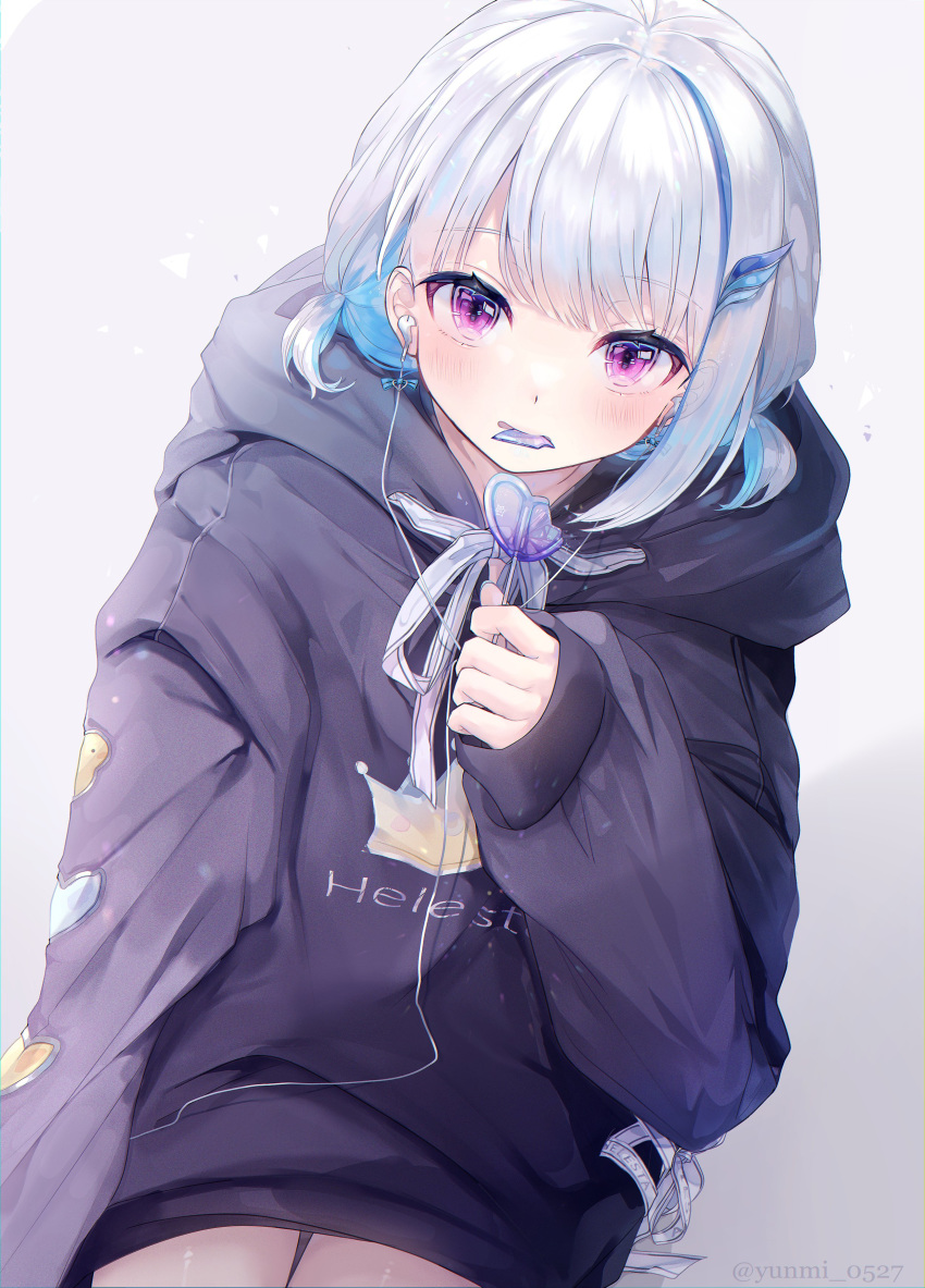 1girl absurdres bangs black_hoodie blue_hair blush broken_heart candy character_name clothes_writing earphones ears_visible_through_hair eating food gradient gradient_background grey_background hair_ornament hairclip highres holding holding_food hood hood_down lize_helesta lollipop long_hair long_sleeves looking_at_viewer low_twintails mouth_hold multicolored_hair nijisanji silver_hair sitting sleeves_past_wrists solo symbol_commentary twintails twitter_username two-tone_hair violet_eyes virtual_youtuber yunmi_0527