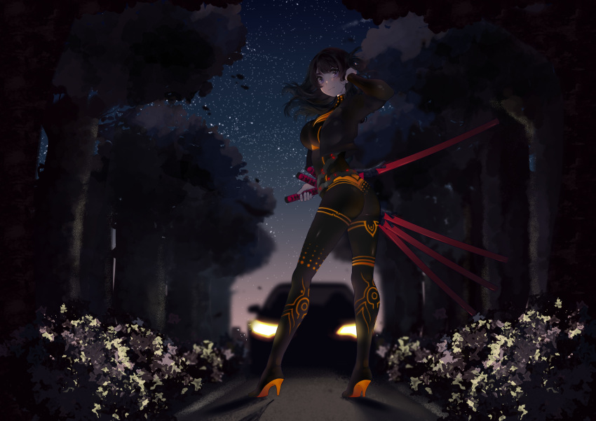 1girl absurdres ass black_bodysuit black_hair bodysuit boots breasts car ground_vehicle hand_up high_heel_boots high_heels highres holding holding_sword holding_weapon katana large_breasts looking_back motor_vehicle night night_sky original outdoors sky standing star_(sky) starry_sky sword tree twisted_torso waifubot weapon
