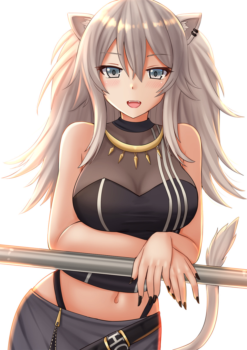 1girl :d animal_ears bangs bare_arms bare_shoulders black_nails black_shirt blush breasts commentary crop_top eyebrows_visible_through_hair fangs grey_eyes hair_between_eyes highres hololive jewelry kazenokaze large_breasts lion_ears lion_tail long_hair looking_at_viewer midriff nail_polish navel necklace open_mouth shirt shishiro_botan silver_hair simple_background sleeveless sleeveless_shirt smile solo tail upper_body white_background