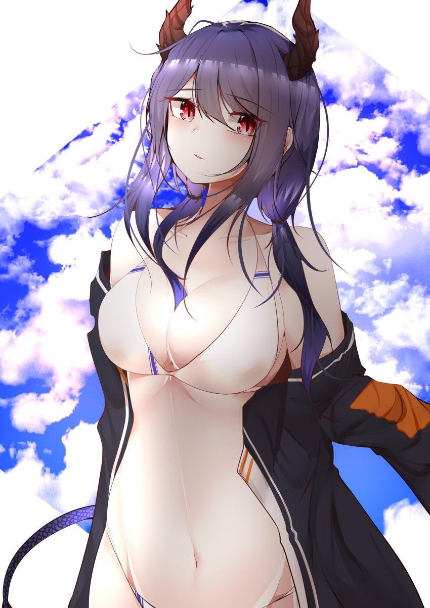 1girl absurdres arknights bangs bare_shoulders bikini black_jacket breasts ch'en_(arknights) commentary_request dragon_girl dragon_horns eyebrows_visible_through_hair groin hair_between_eyes highres horns jacket large_breasts long_hair long_sleeves looking_at_viewer navel off_shoulder open_clothes open_jacket partial_commentary purple_hair red_eyes samip solo stomach swimsuit twintails upper_body white_bikini