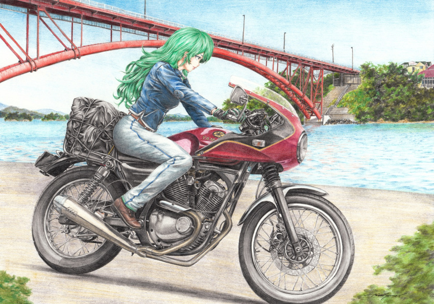 1girl black_gloves blue_sky bridge brown_footwear colored_pencil_(medium) commentary_request day denim from_side gloves green_eyes green_hair ground_vehicle jacket jeans kochiya_sanae lamppost leather leather_gloves leather_jacket lips long_hair looking_to_the_side motor_vehicle motorcycle outdoors pants profile rpracing sky solo touhou traditional_media very_long_hair water yamaha