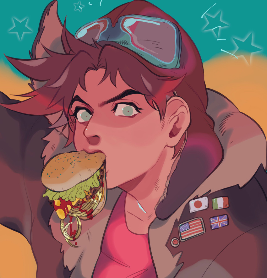 /\/\/\ 1boy american_flag aqua_background aqua_eyes arm_up aviator_cap badge bangs battle_tendency bomber_jacket brown_hair brown_headwear brown_jacket button_badge dripping food goggles goggles_on_headwear hamburger highres holding holding_food italian_flag jacket japanese_flag jojo_no_kimyou_na_bouken jonya joseph_joestar_(young) ketchup looking_at_viewer male_focus mouth_hold parted_bangs red_shirt shirt short_hair solo spiky_hair star_(symbol) two-tone_background union_jack upper_body yellow_background