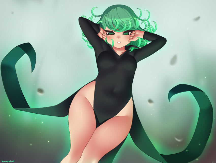 1girl arms_up aura black_dress breasts commentary covered_navel dress eyebrows_visible_through_hair flipped_hair green_eyes green_hair groin kuroonehalf long_sleeves looking_at_viewer medium_hair no_panties one-punch_man parted_lips pelvic_curtain simple_background small_breasts smile solo tatsumaki white_background
