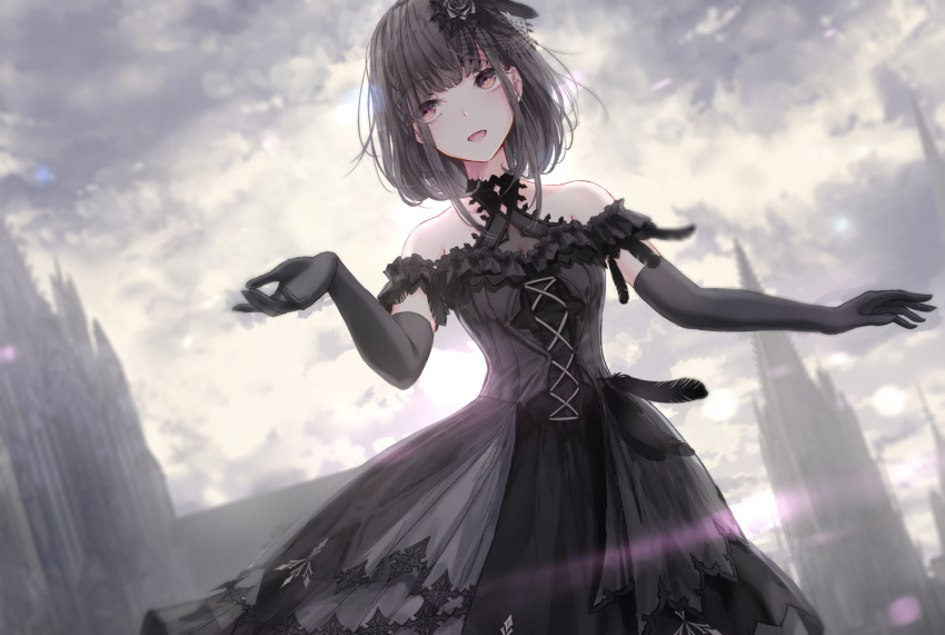 1girl backlighting bangs bare_shoulders black_dress black_flower black_gloves black_hair black_rose blurry blurry_background bow building clouds cloudy_sky commentary_request cowboy_shot day depth_of_field dress elbow_gloves eyebrows_visible_through_hair flower gloves hair_flower hair_ornament highres lens_flare light_particles lolita_fashion missile228 open_mouth original outdoors red_eyes rose short_hair sky solo sunlight