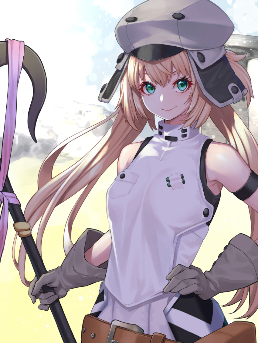 1girl artoria_pendragon_(all) artoria_pendragon_(caster) bangs bare_shoulders blonde_hair blush breasts closed_mouth dress fate/grand_order fate_(series) gloves green_eyes grey_gloves grey_headwear hat highres holding holding_staff long_hair looking_at_viewer mikan_(chipstar182) small_breasts smile staff test_tube white_dress