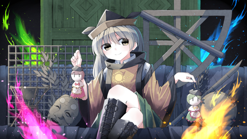 1girl absurdres artist_request black_footwear boots commentary_request cross-laced_footwear crossed_legs door hat highres huge_filesize knee_boots lace-up_boots long_hair looking_at_viewer mask matara_okina nishida_satono puppet sitting smile tabard teireida_mai touhou