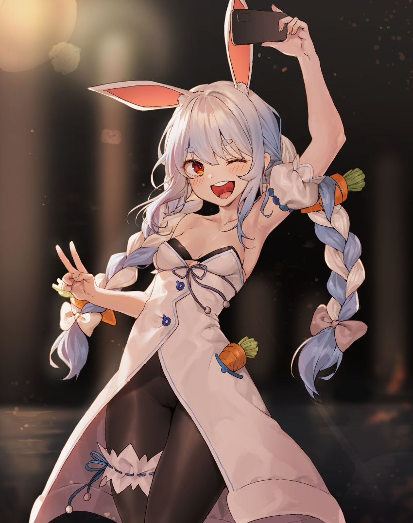 1girl ;d absurdres animal_ear_fluff animal_ears arm_up armpits bangs bare_shoulders black_legwear blue_hair blush bow braid bunny_girl carrot carrot_hair_ornament cellphone coat collarbone commentary cowboy_shot detached_sleeves extra_ears eyebrows_visible_through_hair food_themed_hair_ornament garters hair_between_eyes hair_bow hair_ornament highres holding holding_phone hololive long_hair multicolored_hair one_eye_closed open_mouth orange_eyes pantyhose pepperdevil phone puffy_detached_sleeves puffy_sleeves rabbit_ears self_shot smartphone smile solo thick_eyebrows twin_braids two-tone_hair upper_teeth usada_pekora v virtual_youtuber white_bow white_coat white_hair