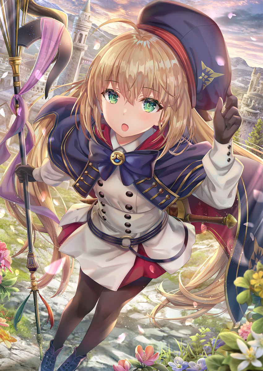 1girl ahoge artoria_pendragon_(all) artoria_pendragon_(caster) bangs belt black_gloves blue_belt blue_capelet blue_headwear blush breasts brown_legwear buttons cape capelet castle dress fate/grand_order fate_(series) flower gloves green_eyes highres holding holding_staff long_hair long_sleeves looking_at_viewer multicolored multicolored_cape multicolored_capelet multicolored_clothes o-ring_belt open_mouth pantyhose petals purple_sky small_breasts staff striped_belt sunset sword torino_akua twilight weapon white_dress