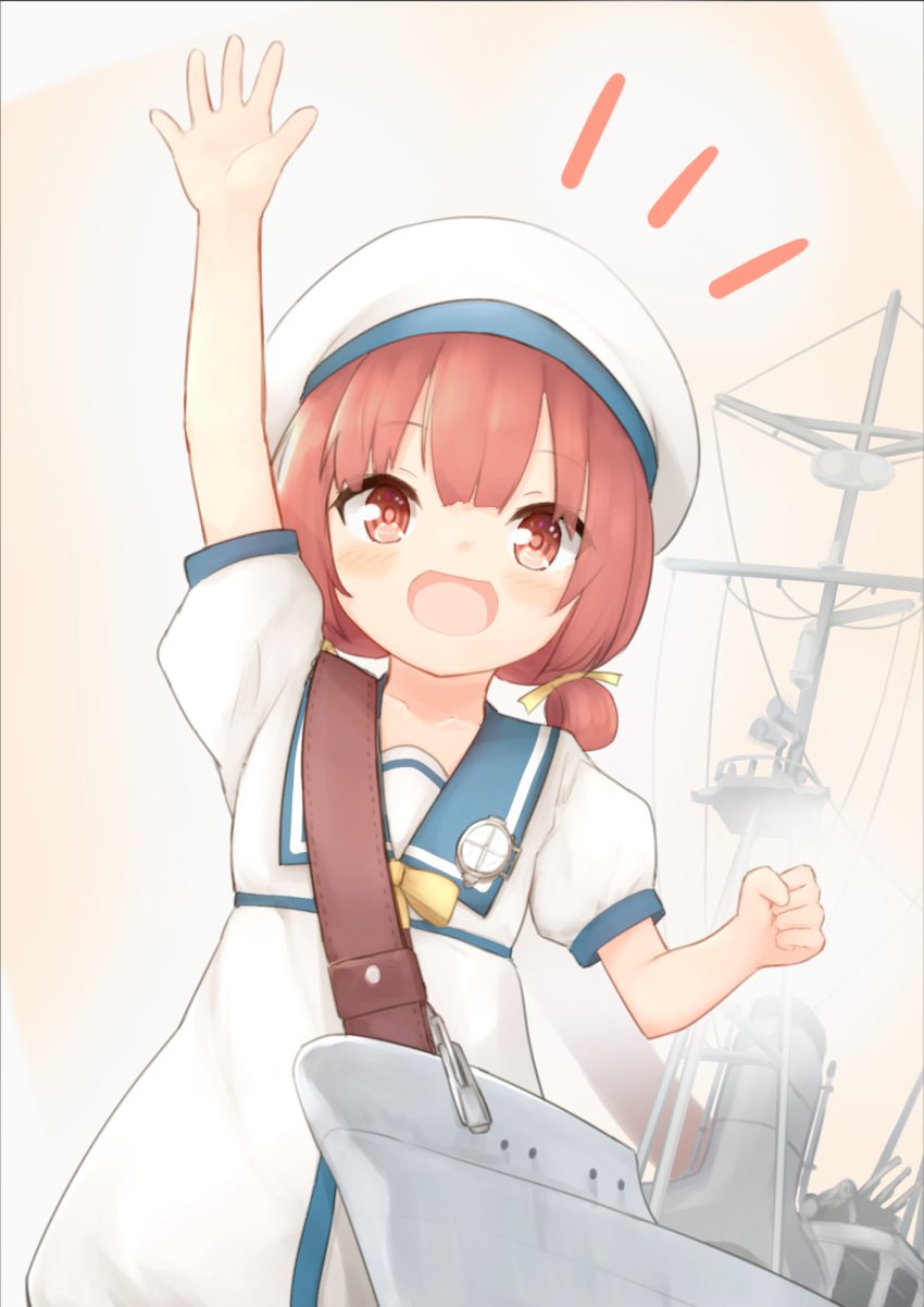 1girl arm_up bangs blue_sailor_collar blush centi_mnkt dress hair_ribbon hair_rings hat highres kaiboukan_no._4_(kantai_collection) kantai_collection notice_lines open_mouth red_eyes redhead ribbon rigging sailor_collar sailor_dress short_hair short_sleeves simple_background solo